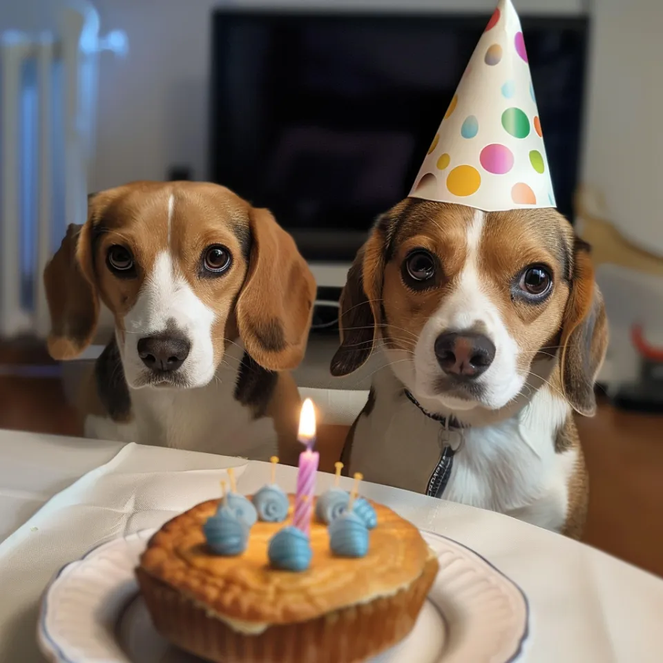 Two Beagles in Party Hats by a Cake with a Candle