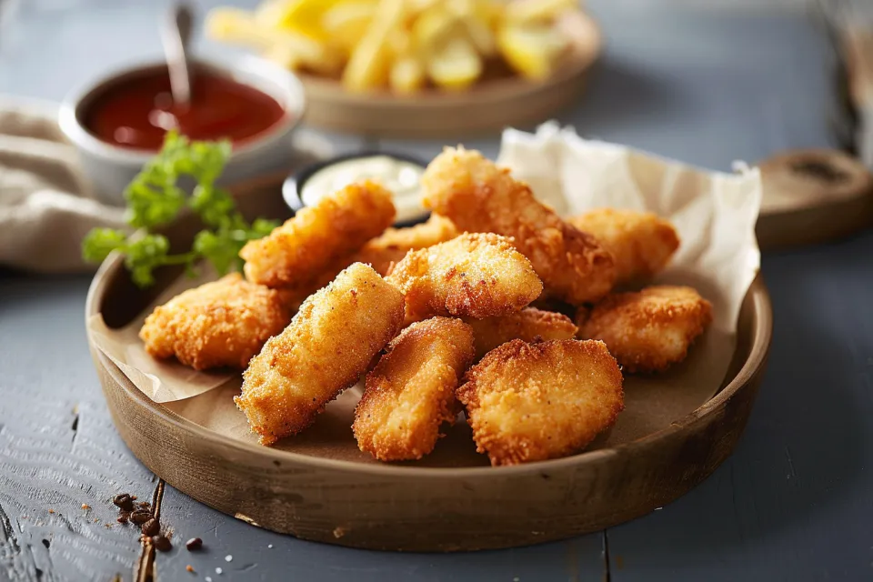 Nuggets de pollo con salsas sobre una superficie de madera