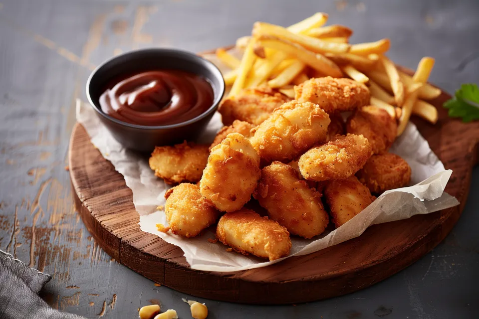 Nuggets de pollo crujientes y papas fritas en un plato de madera