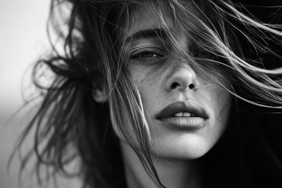 Portrait of a young girl with long hair blowing in the wind, in black and white execution