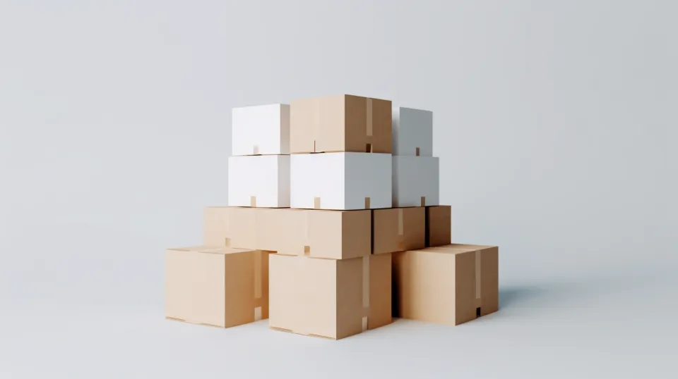 Compact stack of boxes consisting of white and brown packages