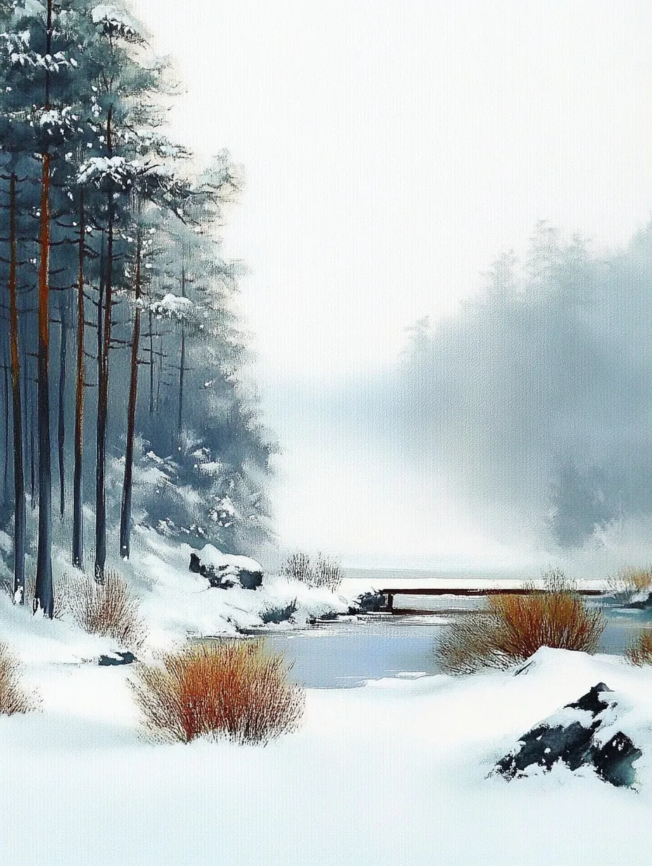 Tranquilo paisaje invernal con pinos y río en nieve