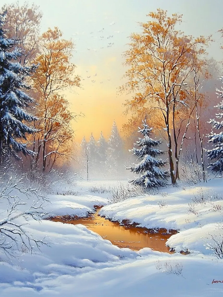 Mágico paisaje invernal con nieve densa y un río al atardecer