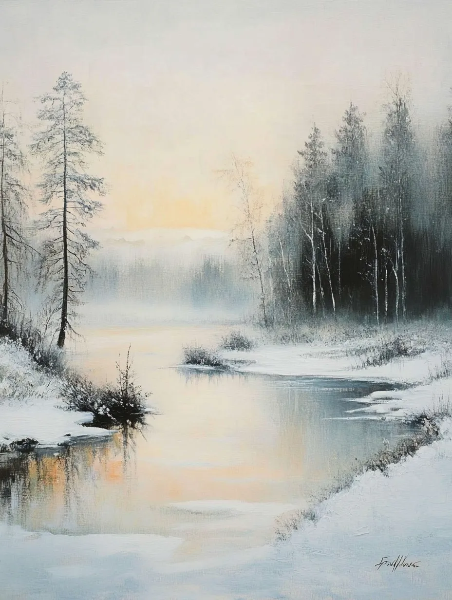 Tranquilo paisaje invernal de la mañana con río y bosque