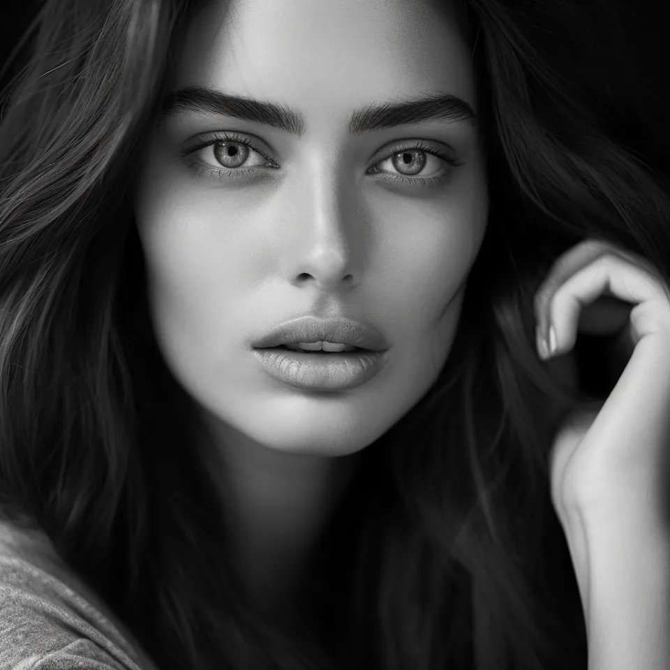 Stylish black and white portrait of a woman with long hair and expressive eyes