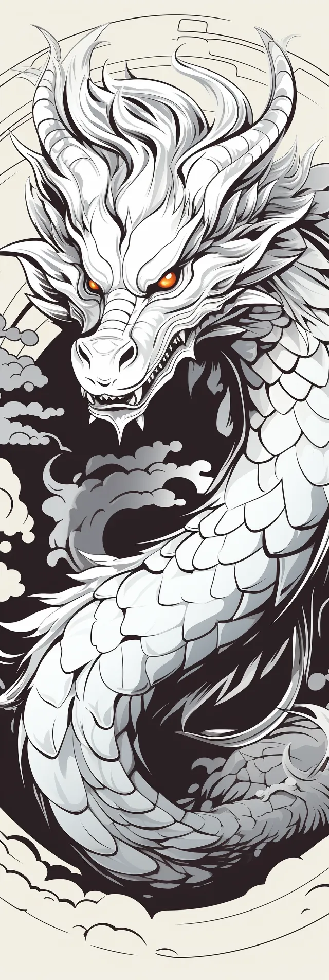 Illustration of a dragon with expressive features and clouds