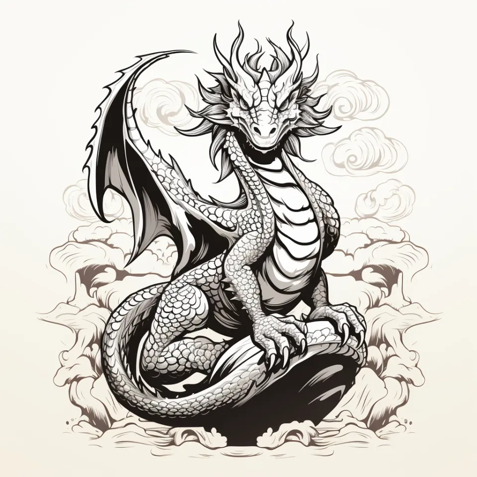 Powerful dragon with detailed scales sitting on clouds
