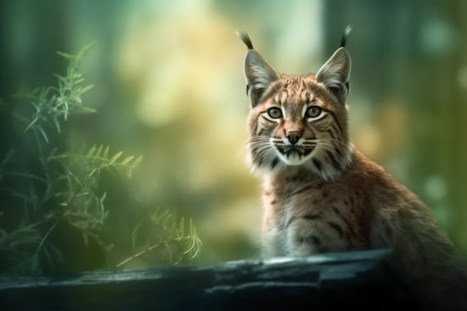 El lince se sienta en una tronco en el bosque con un fondo verde borroso