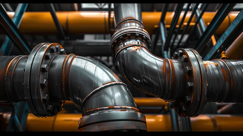 Complex piping system with connections in an industrial building