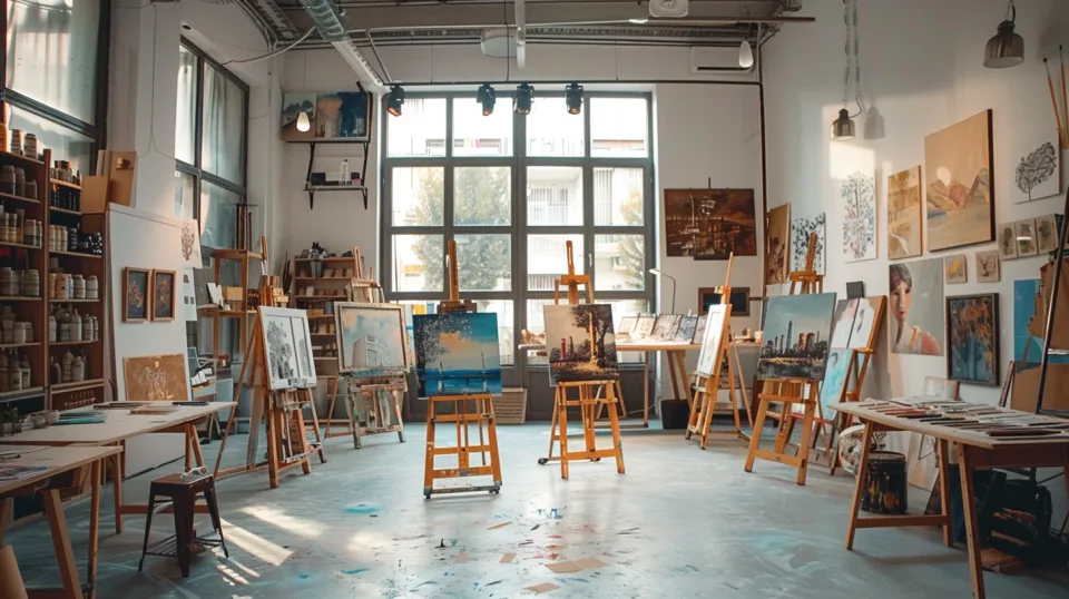 Bright studio with paintings on easels and art supplies