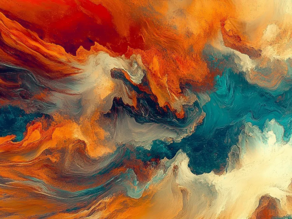 Abstracción colorida con intensos tonos naranjas y azules