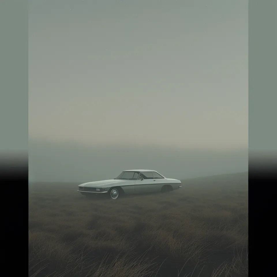 Vintage car standing in a field in the fog