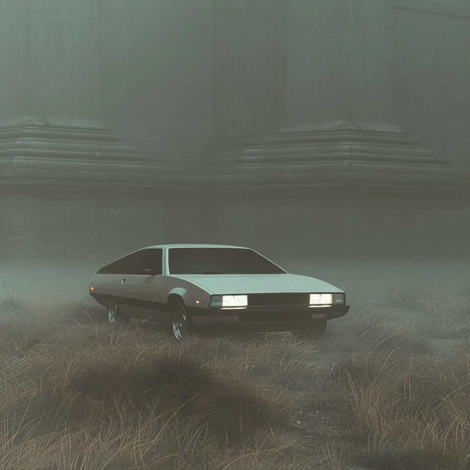 Imagen estética de un coche en un lugar abandonado bajo la niebla
