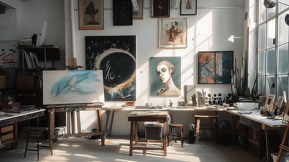 Cozy artist's studio filled with works and art supplies