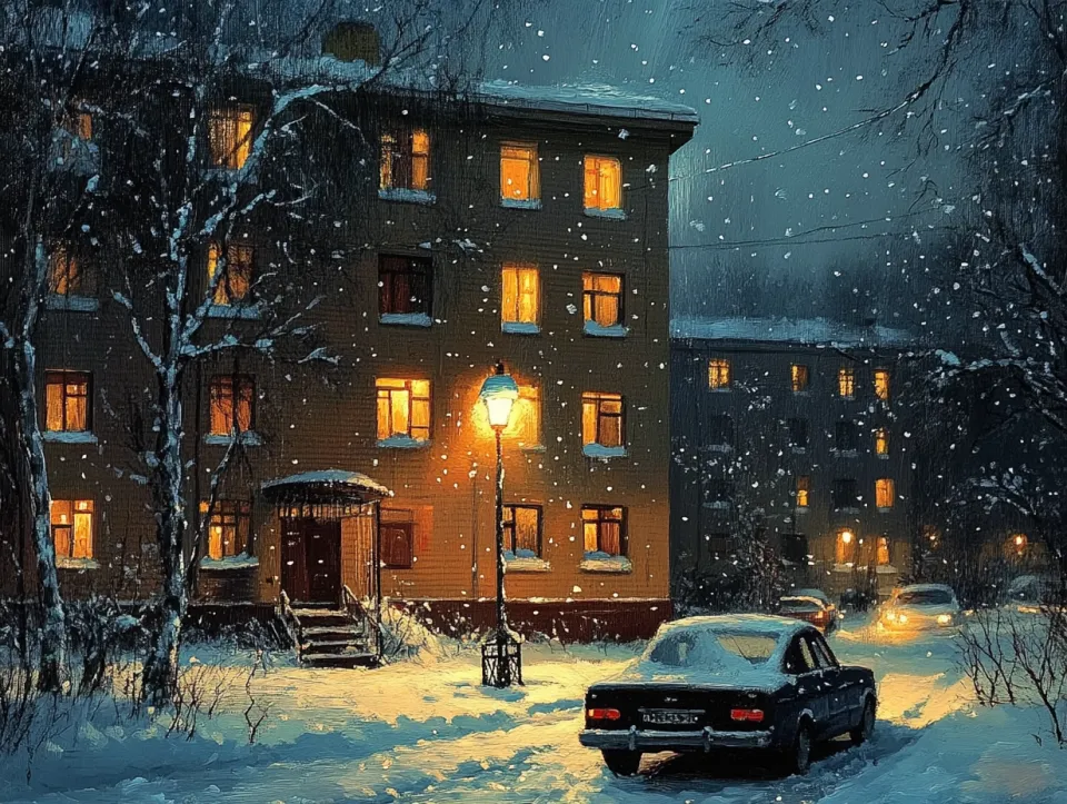 Scene of a winter night with houses illuminated by windows and snow