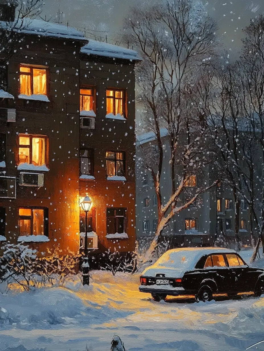 Snowy winter evening near a high-rise building and a parked car