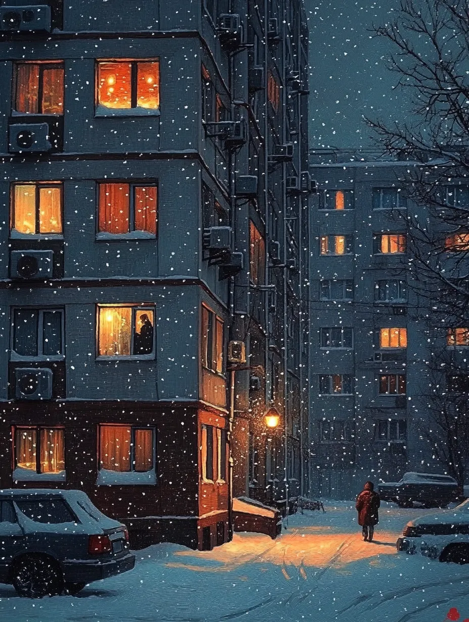 Paisaje urbano nevado con iluminación nocturna y un transeúnte
