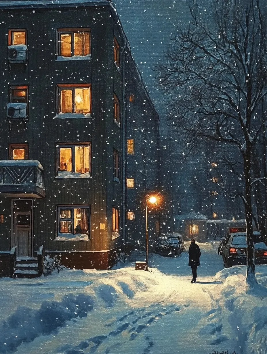 Snowy cityscape with houses and a streetlight in the evening