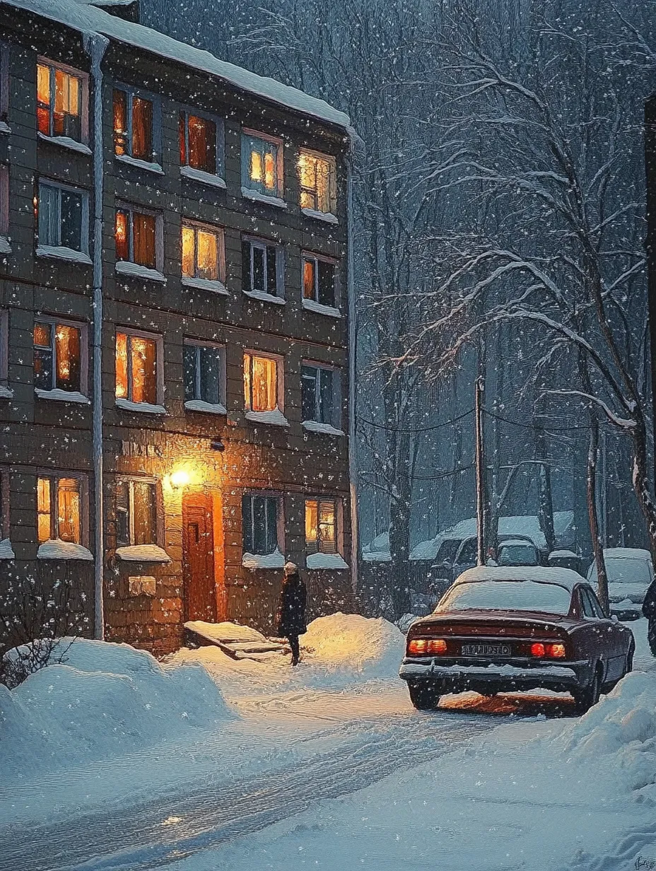 Scene of a winter evening with a snow-covered house and lights in the windows