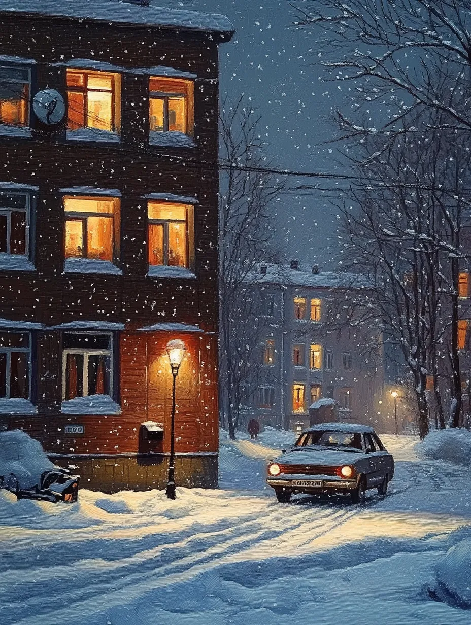 Old residential building on a winter street with falling snow and lit windows