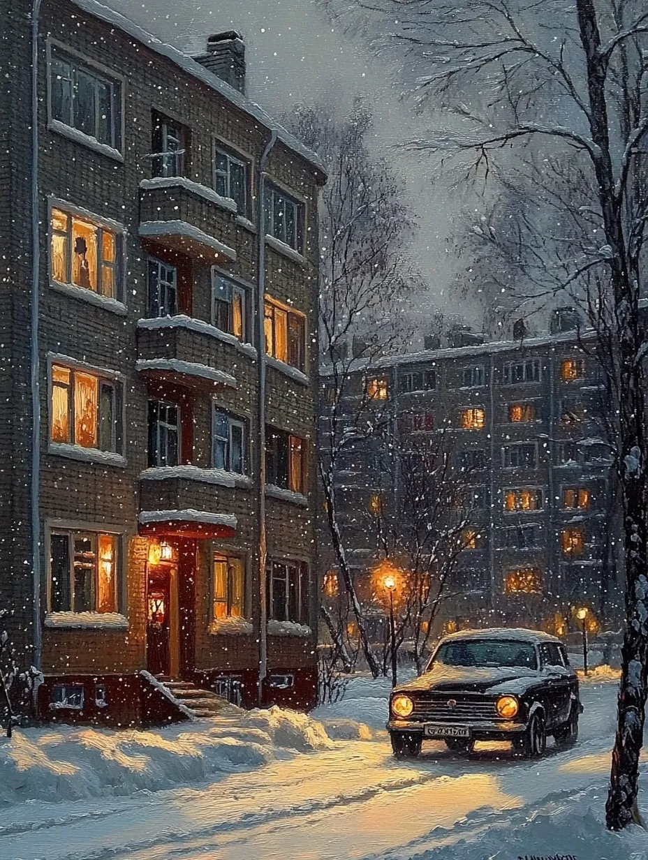 Noche nevada en un entorno urbano con ventanas y vehículos