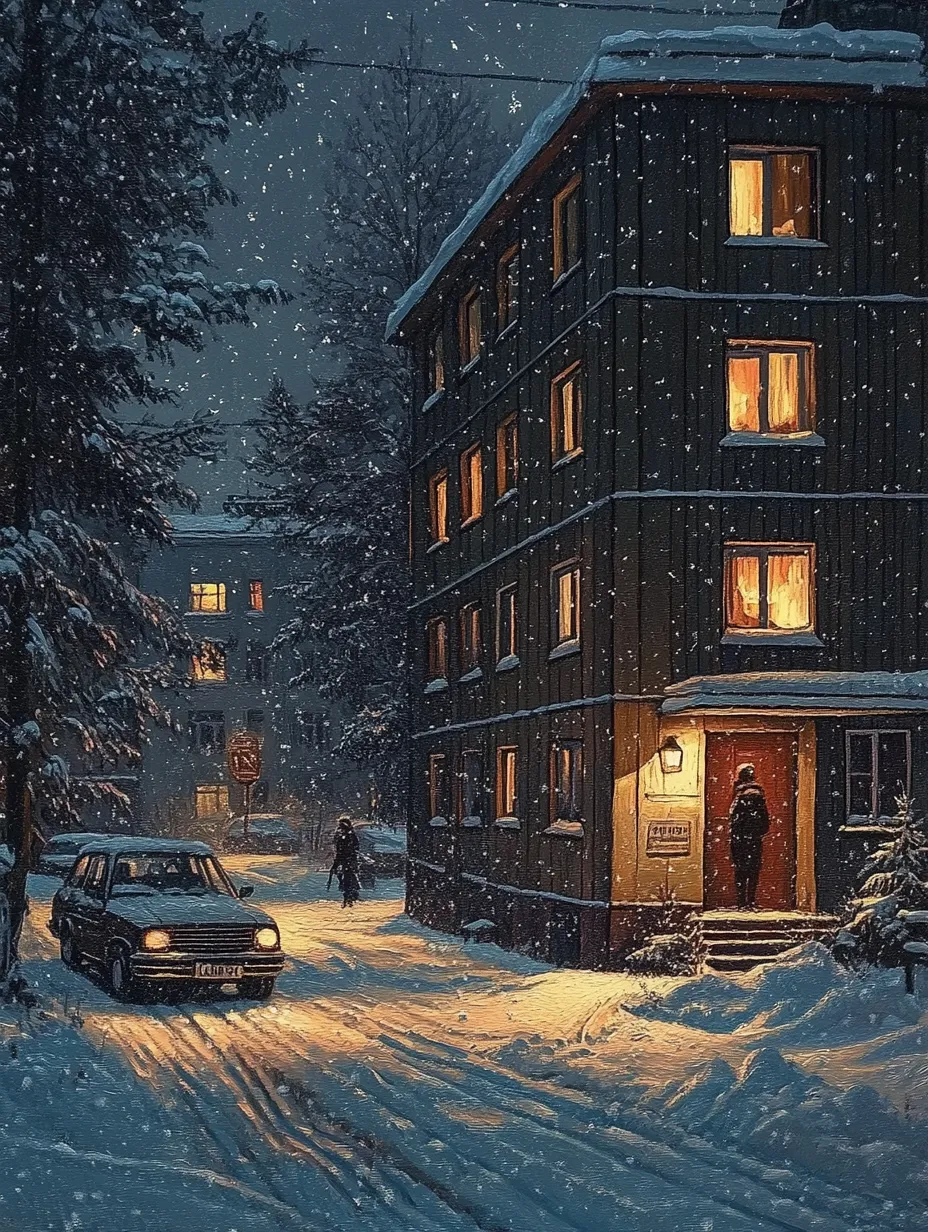 Winter evening, illuminated windows of a house and snowy streets