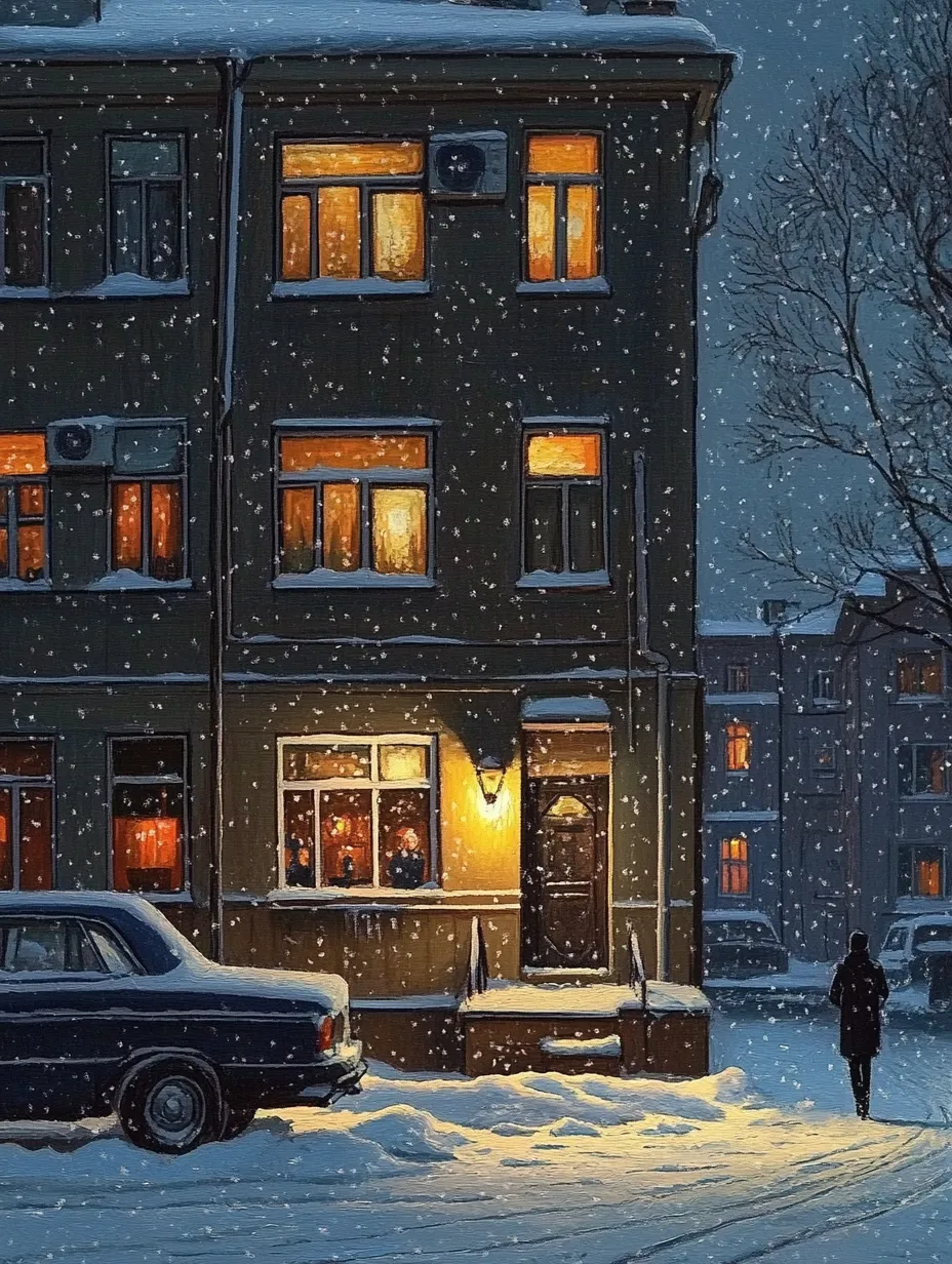 Escena acogedora con nieve cayendo frente a una casa residencial