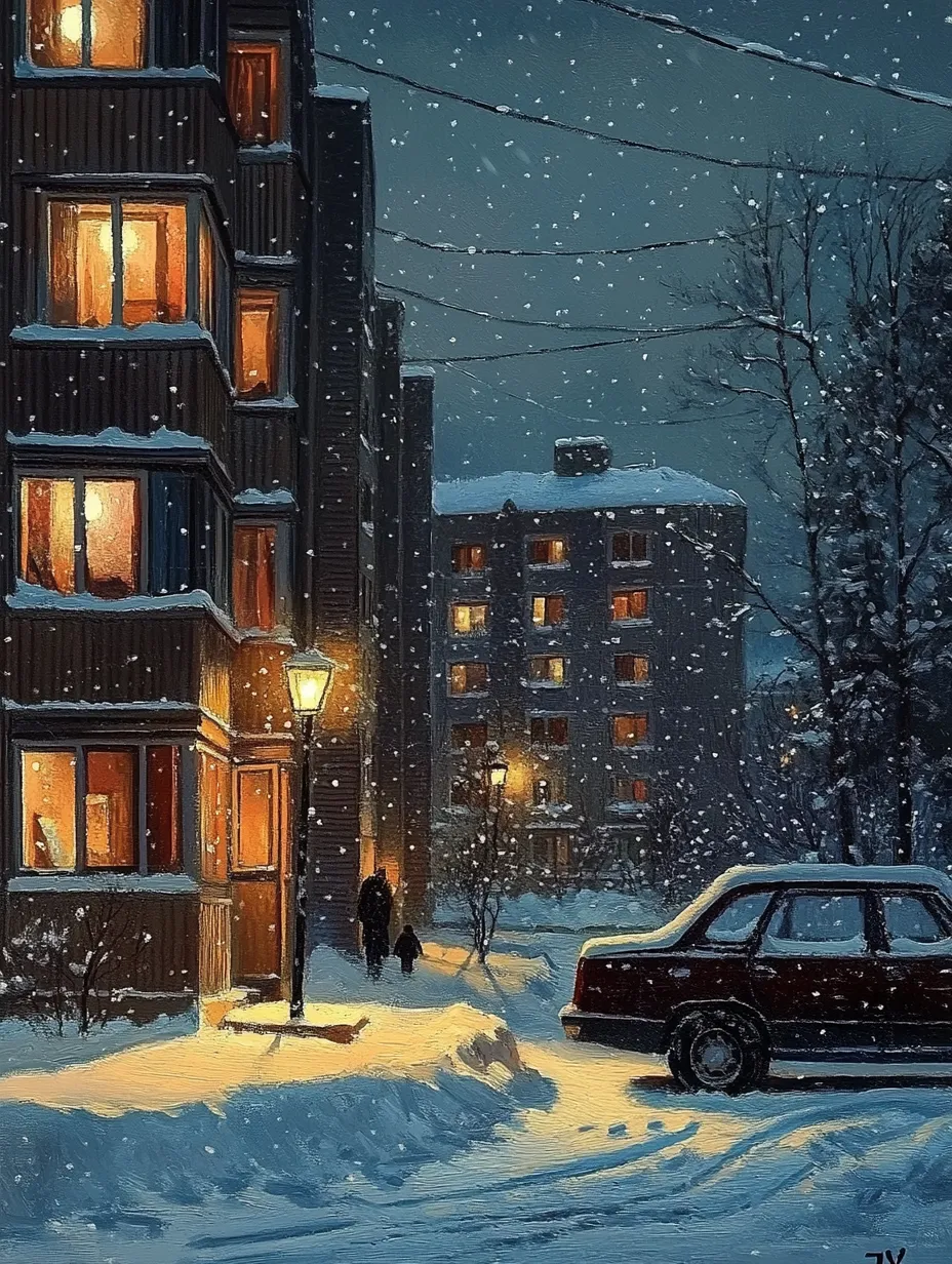 Plaza con casas iluminadas por ventanas, cae nieve
