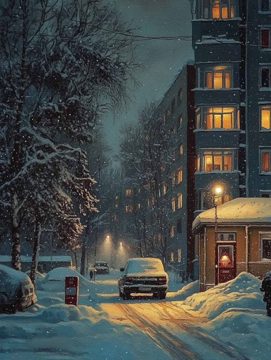 City streets on a snowy winter evening with illuminated windows