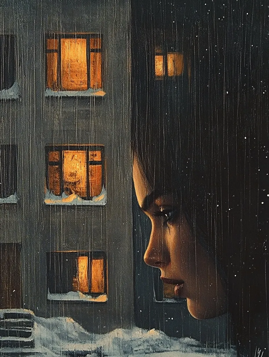 Retrato femenino frente a un paisaje urbano invernal por la noche