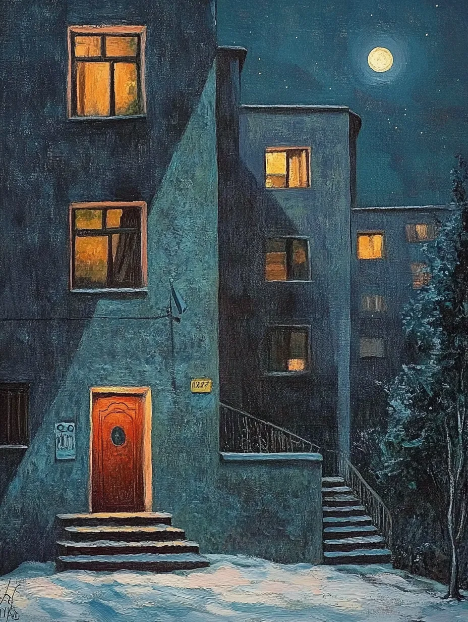 Winter Landscape: House with Lit Windows under the Moon