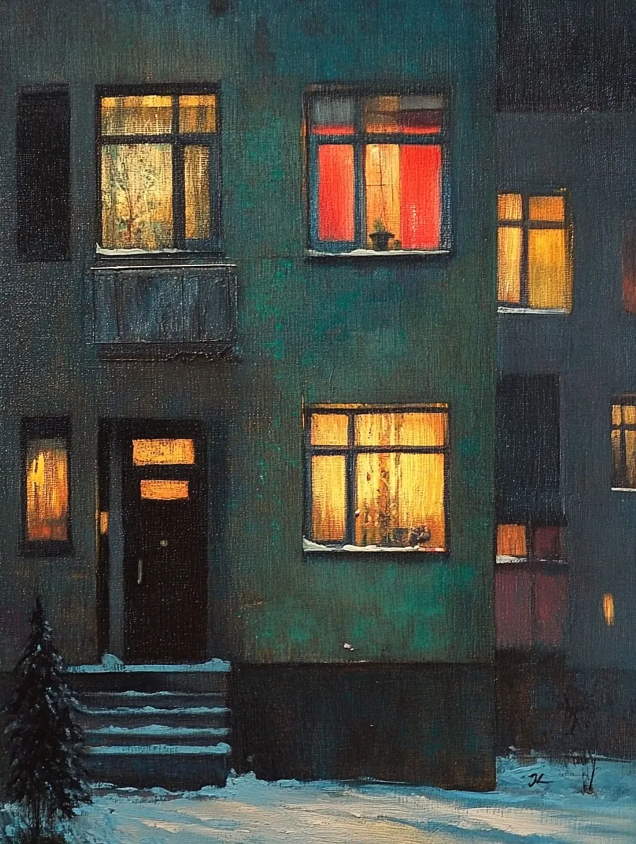 Edificio residencial en una noche de invierno con luz cálida que sale de las ventanas