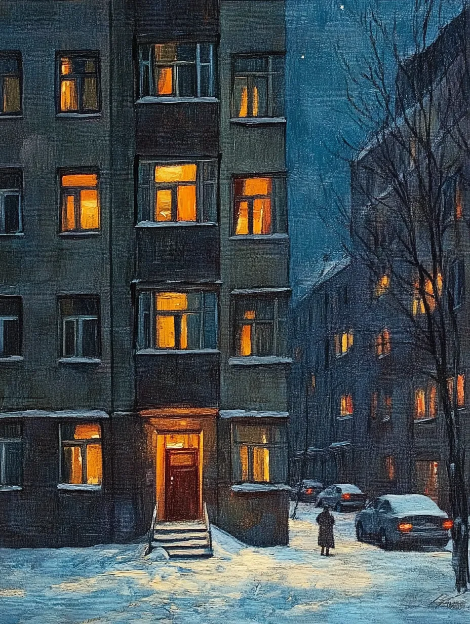 Paisaje de un patio invernal con ventanas iluminadas de edificios