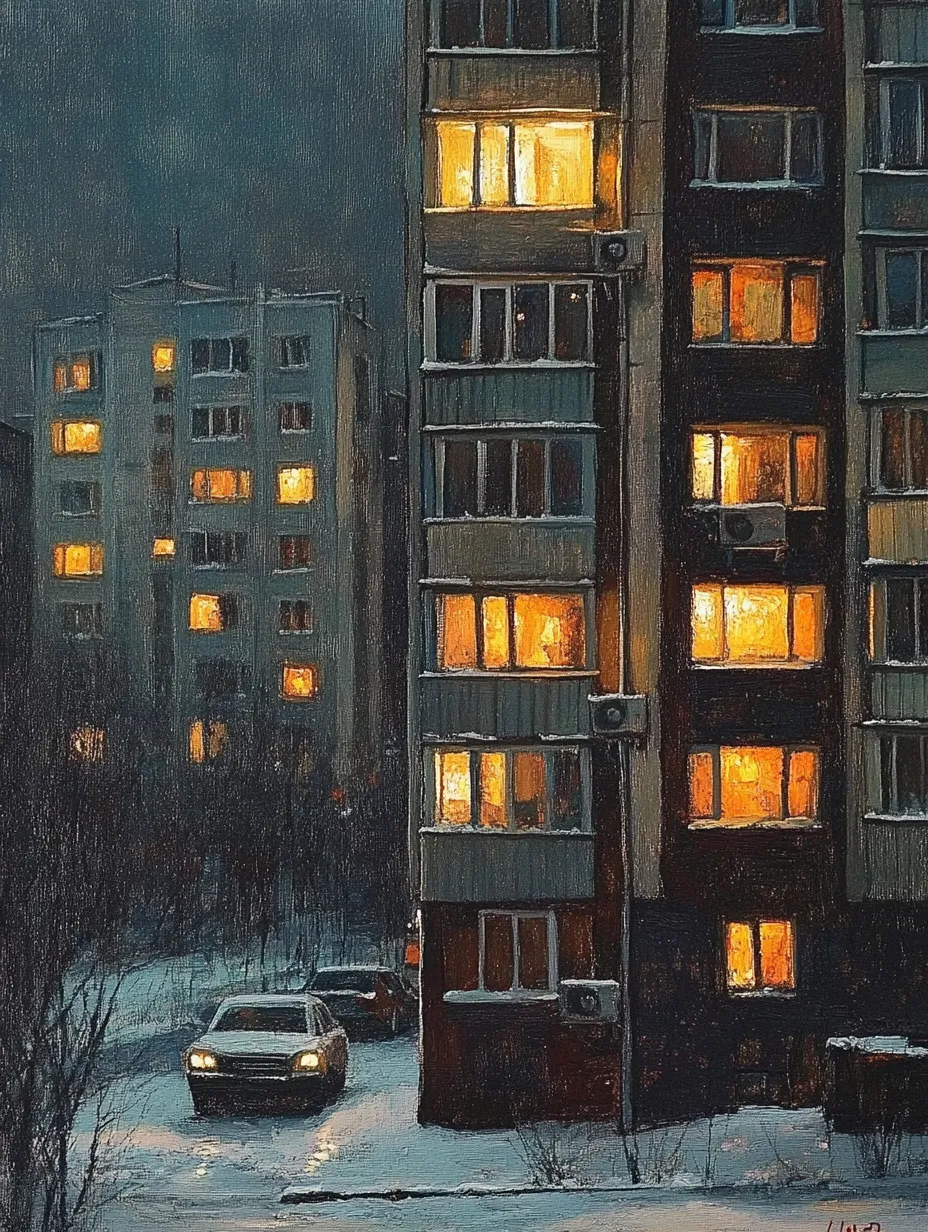 Glowing windows of buildings against the backdrop of a winter evening with a car