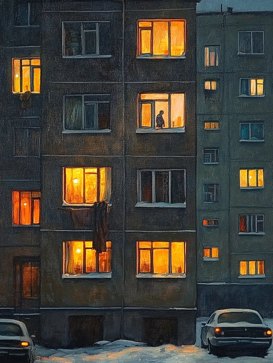 Night windows of a high-rise building illuminated by warm light