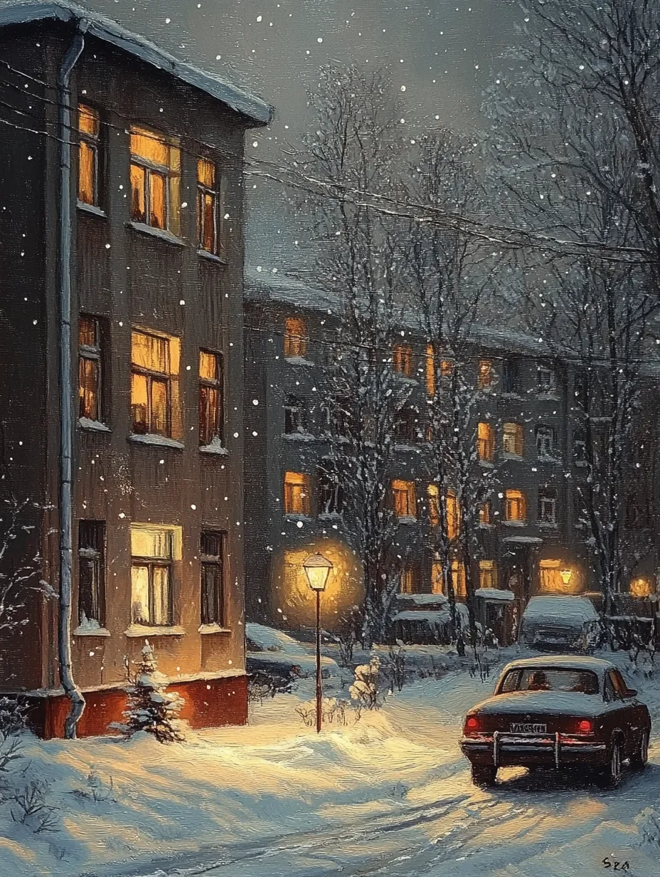 Snowfall in the city yard, lights in the windows, and an old car