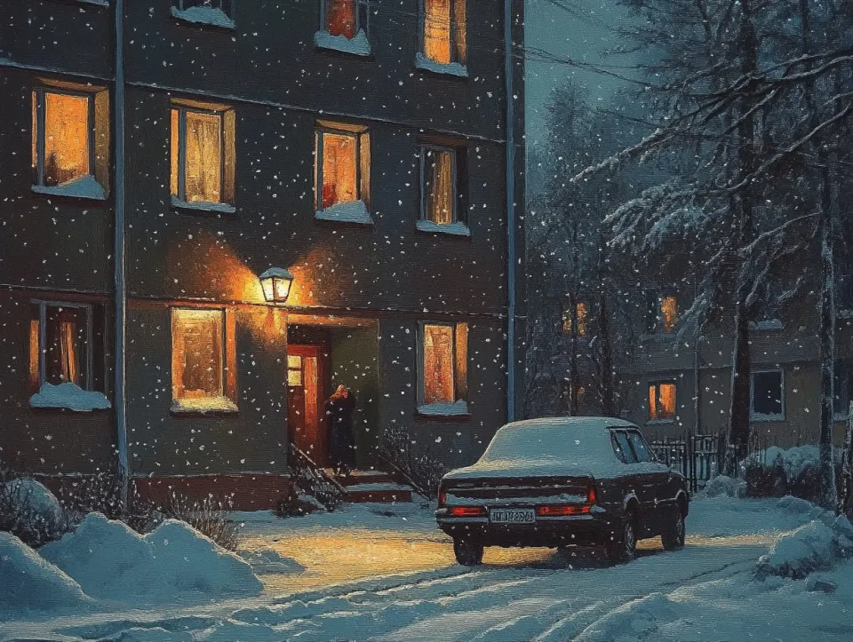 Noche oscura de invierno, paisaje nevado y cálidas luces en las ventanas