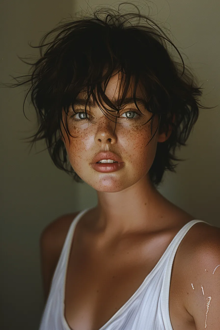 Girl with short hair and expressive eyes, adorned with freckles
