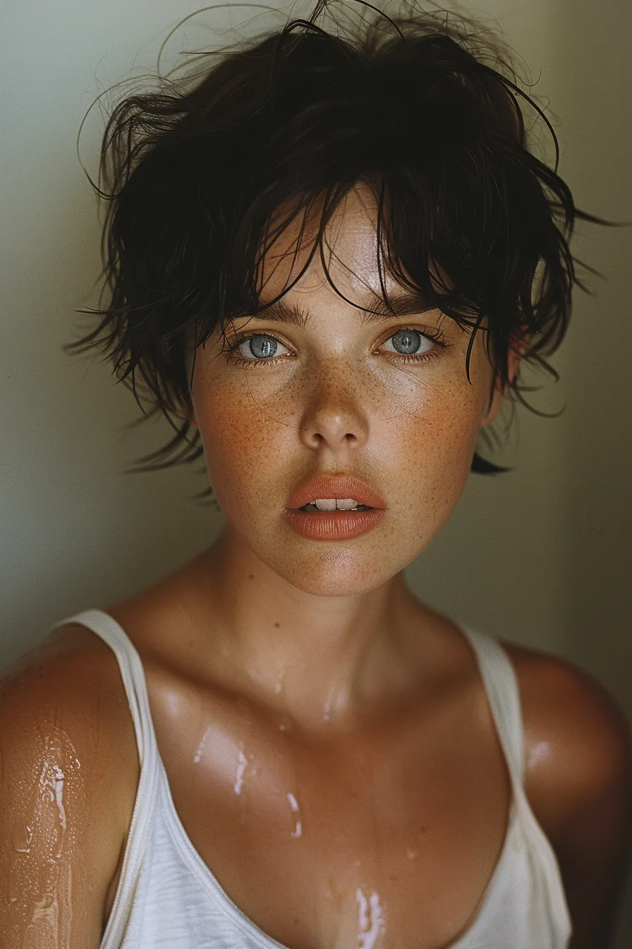Close-up portrait of a girl with blue eyes and freckles on her skin