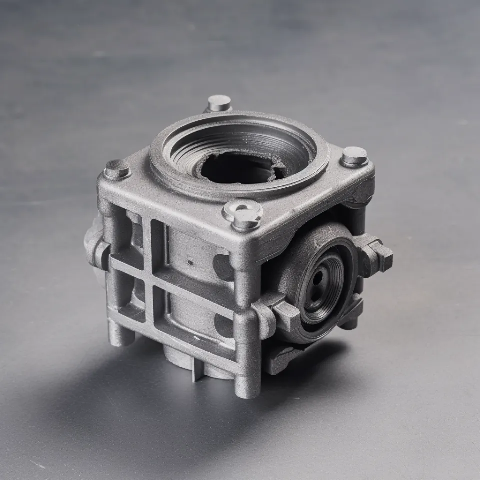 Metallic cubic part with threads, flanges, and holes