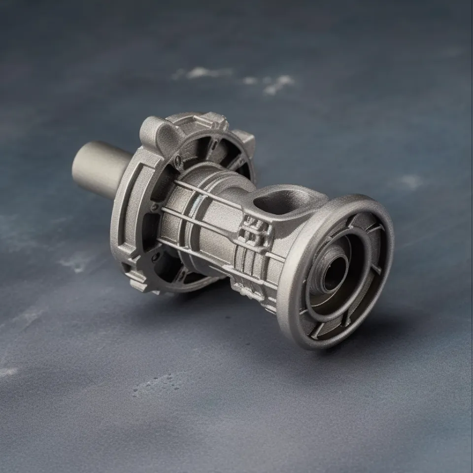 Complex metal part of a mechanism with a stepped shape and tube