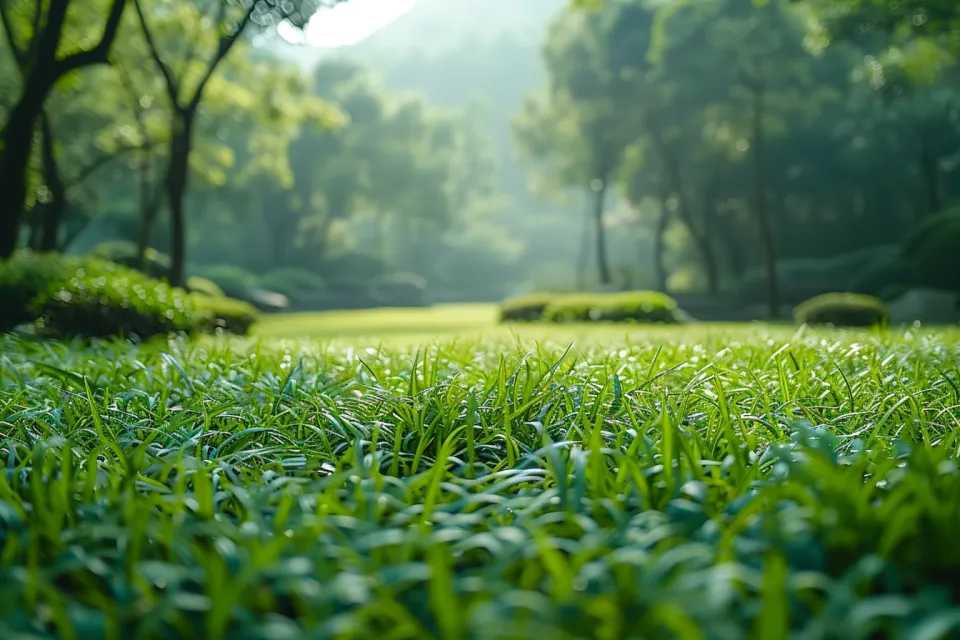 Picturesque view of fresh grass with dew drops on the meadow in the park