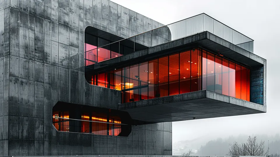 Architectural structure with bright red glass elements and concrete finishing