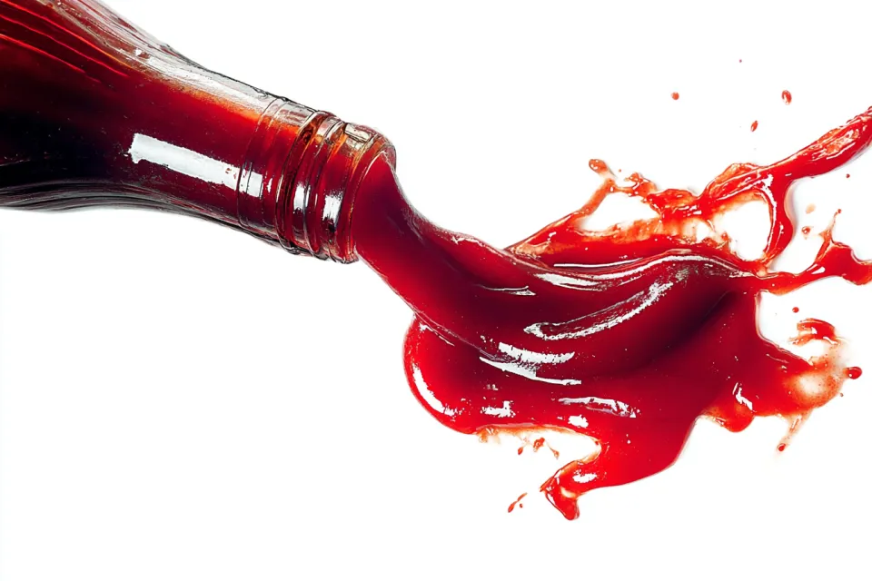Ketchup spills out of a bottle, creating a vibrant stream against a white background