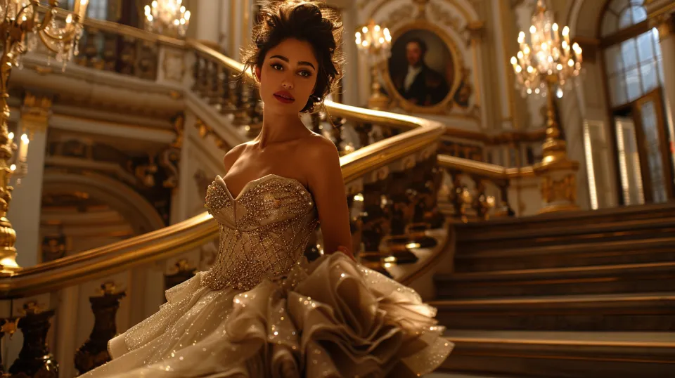 Woman in an evening dress with gems against the backdrop of a luxurious staircase