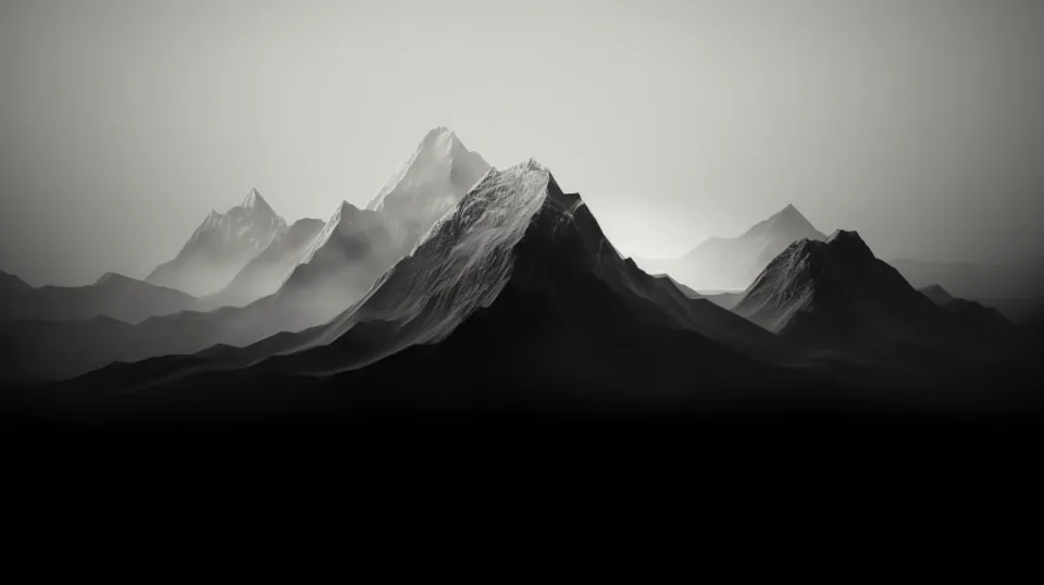 Black and white abstraction with mountain peaks and mist