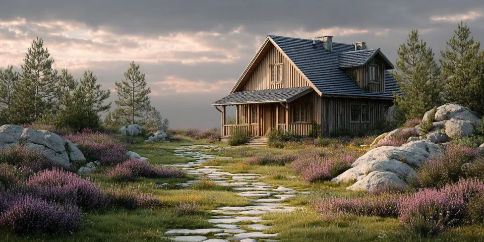 Casa de madera rodeada de un paisaje verde y plantas en flor