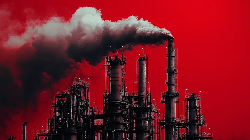 Fábrica con chimeneas humeantes sobre un cielo rojo