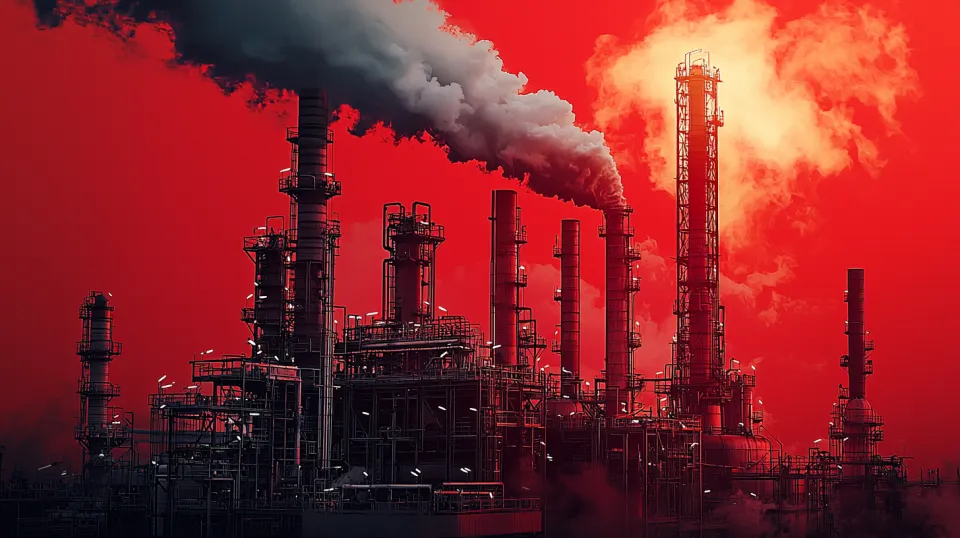 Fábrica con chimeneas humeantes frente a un cielo rojo brillante