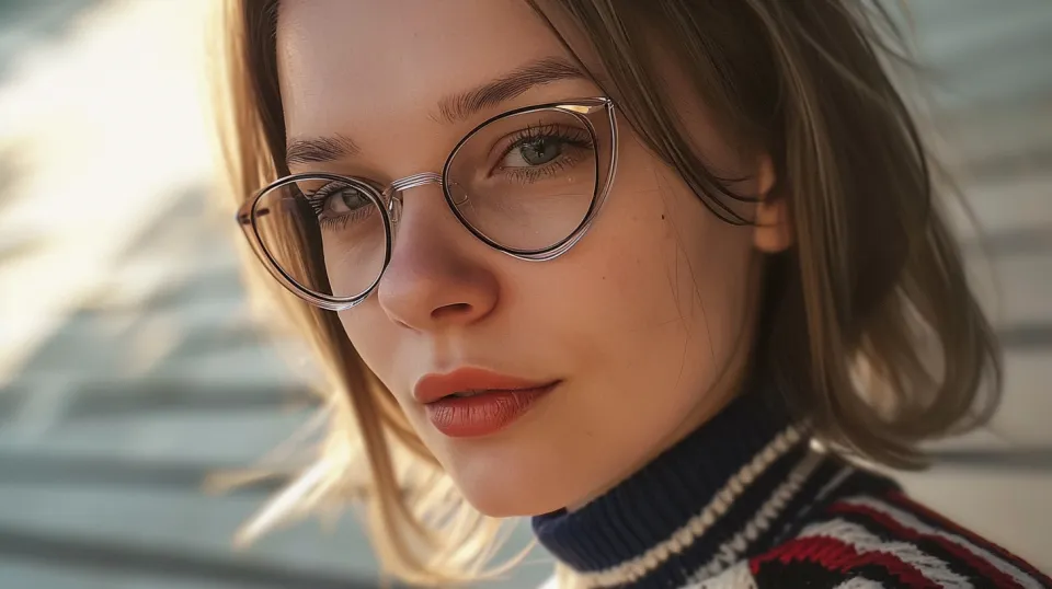 Portrait of a young girl with light hair and glasses against a blurred background
